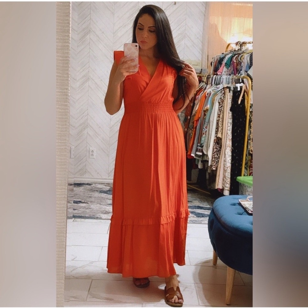 NEW Monteau Los Angeles Orange Beautiful Linen Blend V Neck Ruffle Maxi Dress M